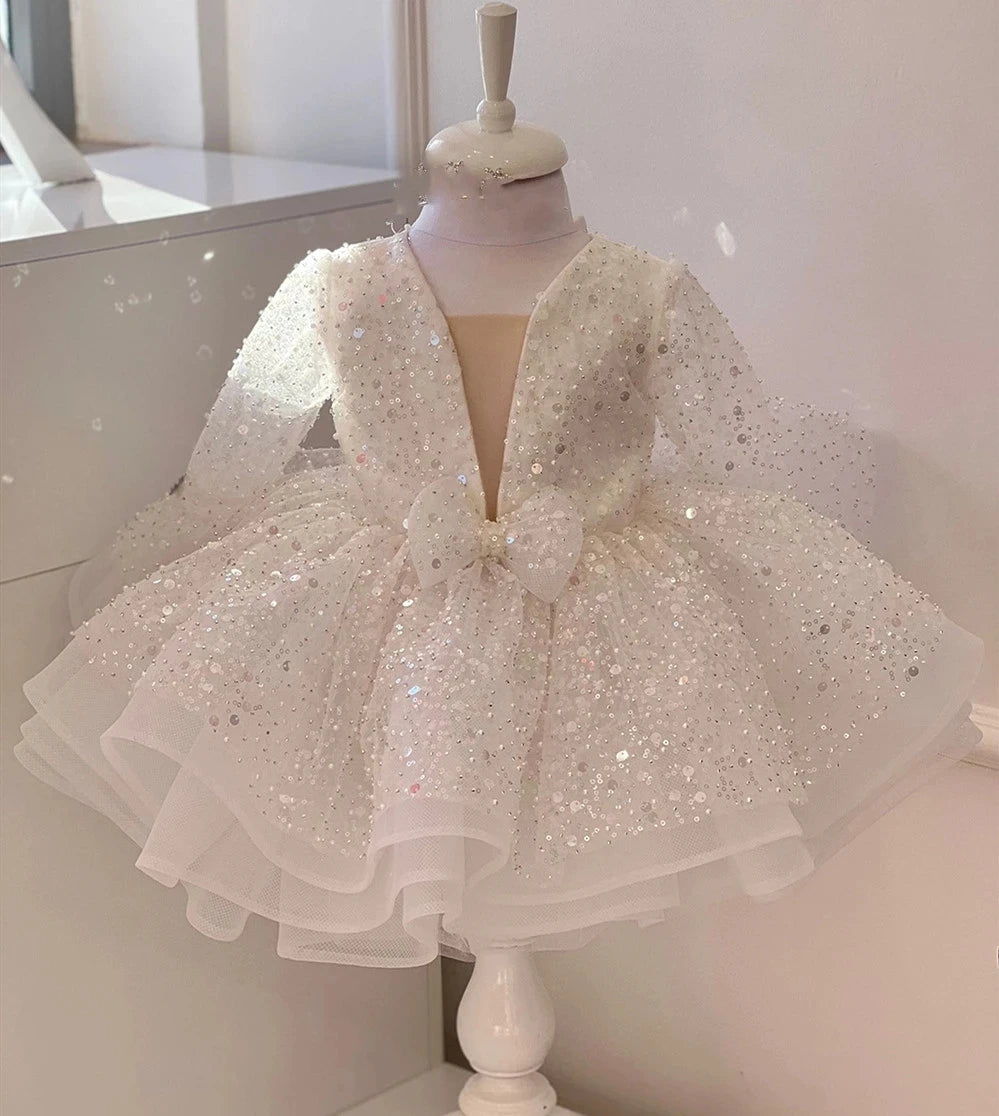 AERBA DRESS Wedding Flower Girl Dress Princess Bow Sequins Full Sleeve Knee Length Baby Kids Birthday Party Communion Dress