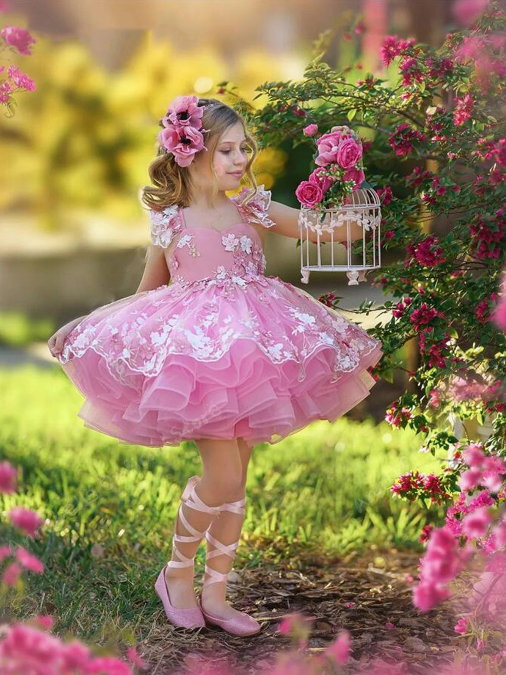 AERBA DRESS Wedding Flower Girl Dress 3d Applique Puffy Knee Length Mini Kids Birthday Party First Communion Gown