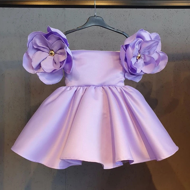 Wedding Flower Girl Dress Baby Girls Satin Flower Off-Shoulder Dress Infant Baptism Evening Wedding Birthday Prom Party Fluffy Gown Kids Princess Dress