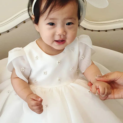 Wedding Flower Girl Dress New Year-Old Baby Round Neck Ruched First christening Dress Sweet Princess Dress