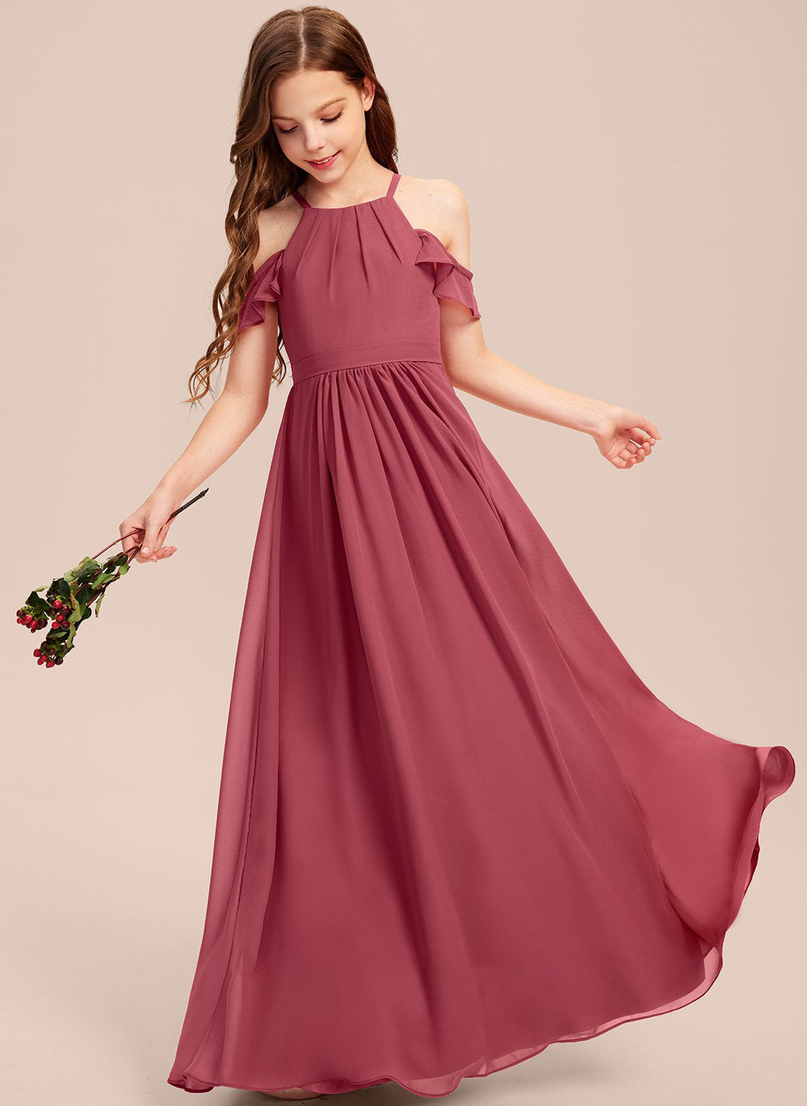 Girls' Formal Dress Elegant A Line Off Shoulder Ruched Chiffon Lace Holy Communion Birthday Ball Evening Dress Hot Sale Junior Bridesmaid Dress