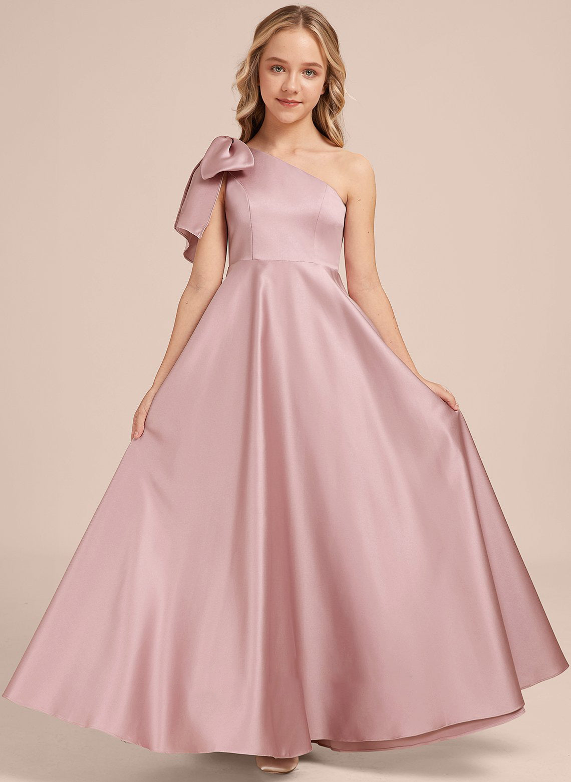 Girls' Formal Dress Exquisite A Line One-shoulder Bow Long Dress Wedding Guest Dress Hot Sale Junior Bridesmaid Dress