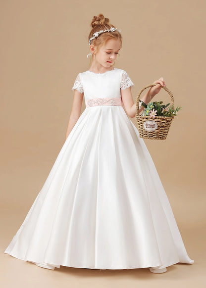 AERBA DRESS Wedding Flower Girl Dress Elegant A-line Satin First Communion Gowns Bow Belt Princess Kids Birthday Gown ﻿
