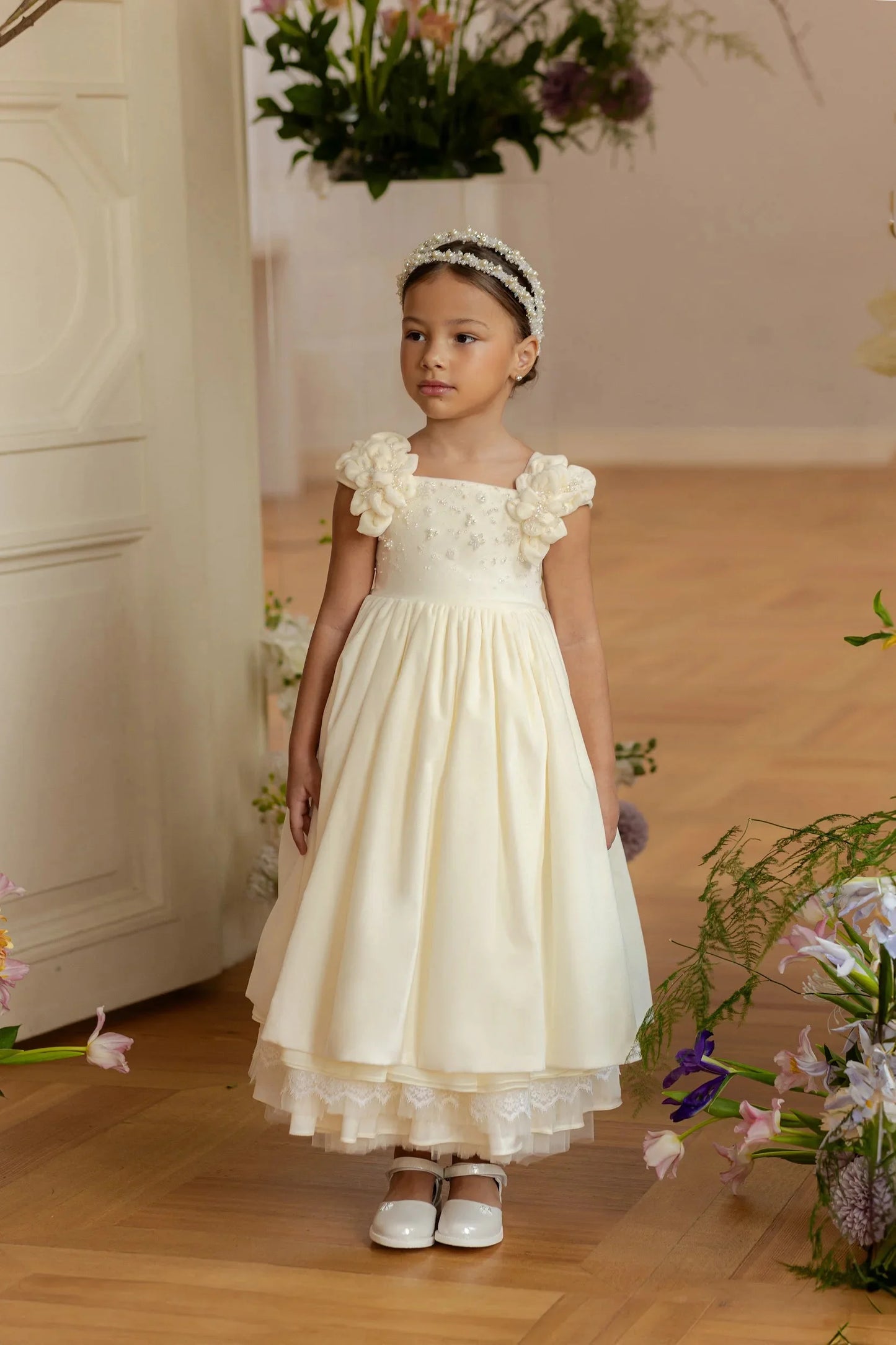 AERBA DRESS Wedding Flower Girl Dress 3D Floral Pearls Lace Little Girl Holy First Communion Party Banquet Gown Princess Dress