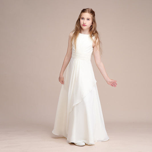 Dignified Girls' Formal Dress A Line Round Neck Sleeveless Pleated Floor-Length Dress Hot Sale Junior Bridesmaid Dress