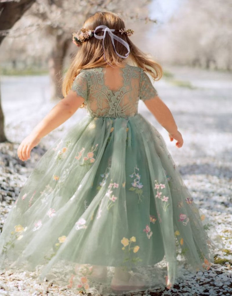 AERBA DRESS Wedding Flower Girl Dress Embroidered Floral Party Gown Lace Flower Short Sleeves Princess Dress