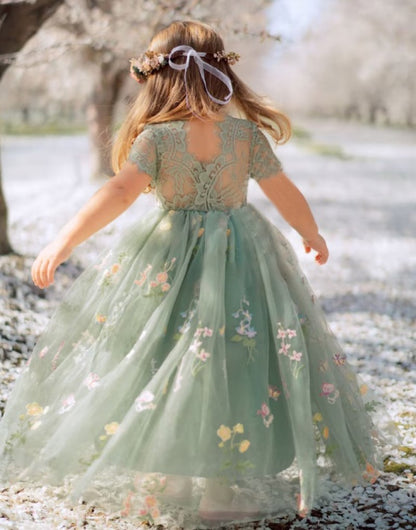 AERBA DRESS Wedding Flower Girl Dress Embroidered Floral Party Gown Lace Flower Short Sleeves Princess Dress