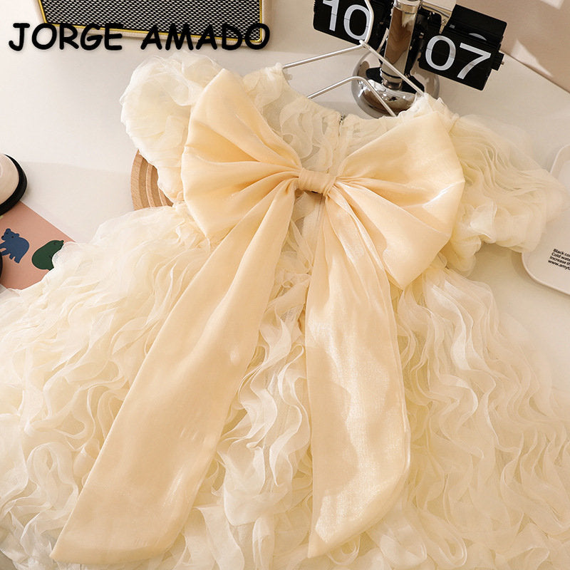 AERBA DRESS Wedding Flower Girl Dress Princess Dress Short Sleeves Solid Color Back Bowknot for Party Wedding Children Clothing Princess Dress