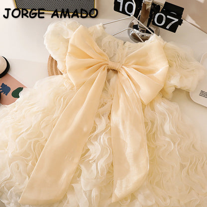 AERBA DRESS Wedding Flower Girl Dress Princess Dress Short Sleeves Solid Color Back Bowknot for Party Wedding Children Clothing Princess Dress