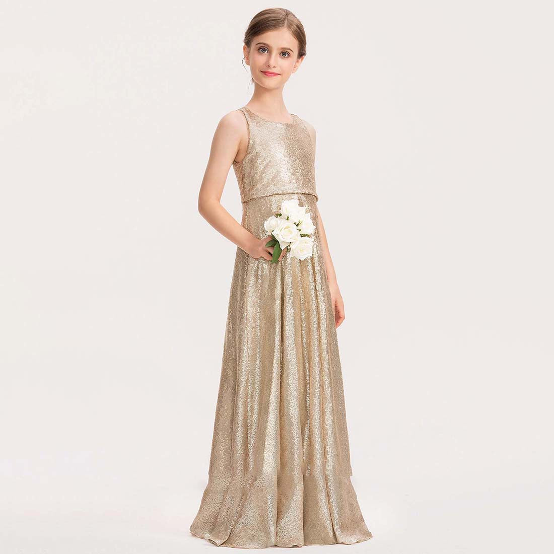 Fashion Girls' Formal Dress Sequined A-Line Scoop Sleeveless Floor-Length Sparkle Hot Sale Junior Bridesmaid Dress