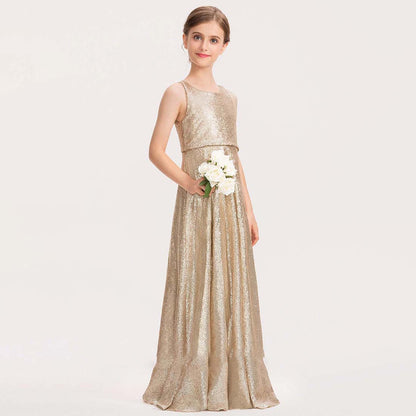 Fashion Girls' Formal Dress Sequined A-Line Scoop Sleeveless Floor-Length Sparkle Hot Sale Junior Bridesmaid Dress