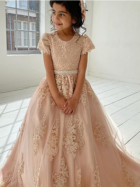 AERBA DRESS Wedding Flower Girl Dress Elegant Princess Beaded Appliques Pageant Dress Kids Long Train Party Evening Gowns