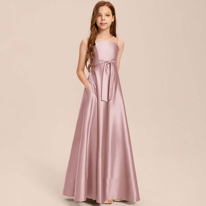 Girls' Formal Dress Elegant A Line Spaghetti Strap Bow wedding Girl Guest Dress Temperament Hot Sale Junior Bridesmaid Dress