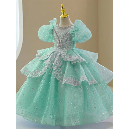 AERBA DRESS Wedding Flower Girl Dress Puff Sleeve Toddlers Beaded Ruffle Tulle Princess Pageant Dress Sparkly 1st Communion Party Gown