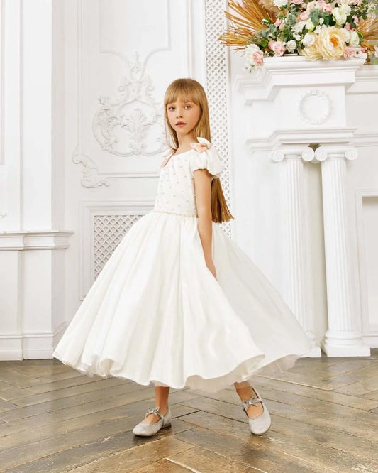 AERBA DRESS Wedding Flower Girl Dress Satin Short Sleeve with Pearls Long Kid First Communion Pageant Birthday Ball Gown