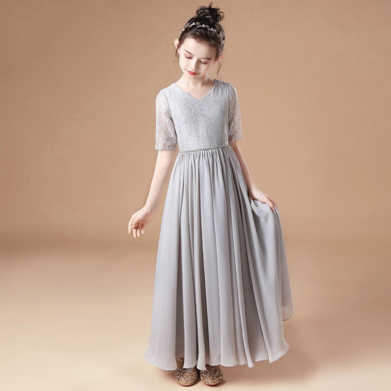 Girls' Formal Dress A-line Short Sleeve Chiffon Lace Floor Length Bridesmaid Dress Wedding Party Hot Sale Junior Bridesmaid Dress