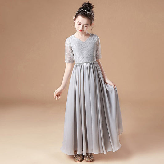 Girls' Formal Dress A-line Short Sleeve Chiffon Lace Floor Length Bridesmaid Dress Wedding Party Hot Sale Junior Bridesmaid Dress