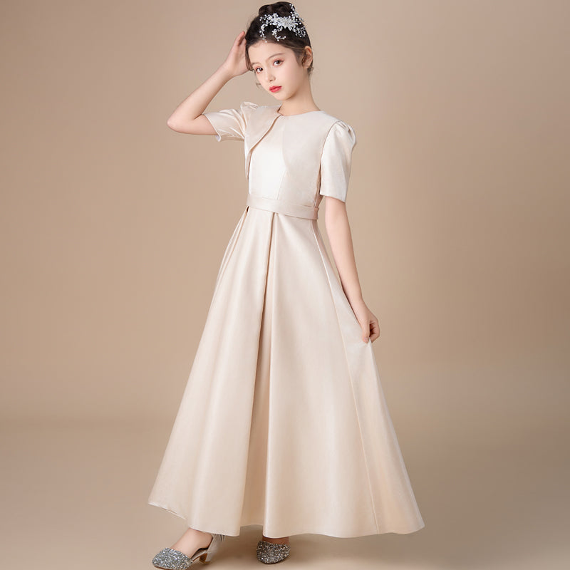 Girls' Formal Dress Dignified A Line Round Neck Short Sleeve Pleated Girls Satin Children's Elegant Communion Birthday Long Hot Sale Junior Bridesmaid Dress