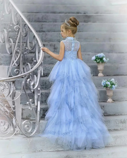 AERBA DRESS Wedding Flower Girl Dress High-Low Length Kids Birthday Dresses Ruffles Tiered Tulle Girls Ball Gowns Princess Dress
