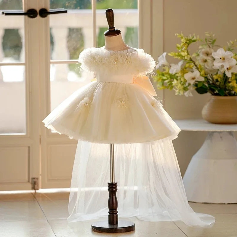 AERBA DRESS Wedding Flower Girl Dress Appliques Pearls With Bow Princess Birthday Party First Communion Gown