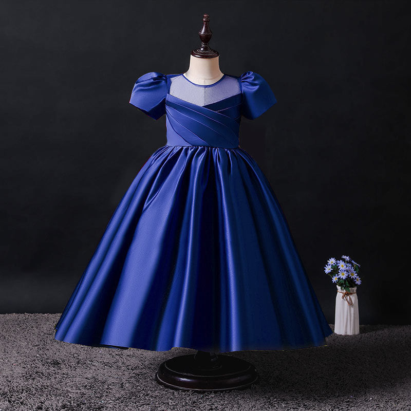 Wedding Flower Girl Dress Girl's Birthday Satin Short Sleeve Pleated Catwalk Costume for Piano Performance Puffy Princess Dress