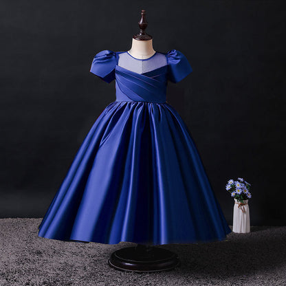 Wedding Flower Girl Dress Girl's Birthday Satin Short Sleeve Pleated Catwalk Costume for Piano Performance Puffy Princess Dress