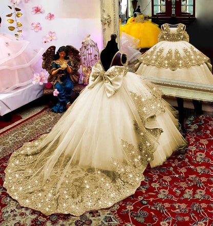 AERBA DRESS Wedding Flower Girl Dress Little Girls Birthday Party Gown Toddlers Beaded Lace Princess Pageant Dress