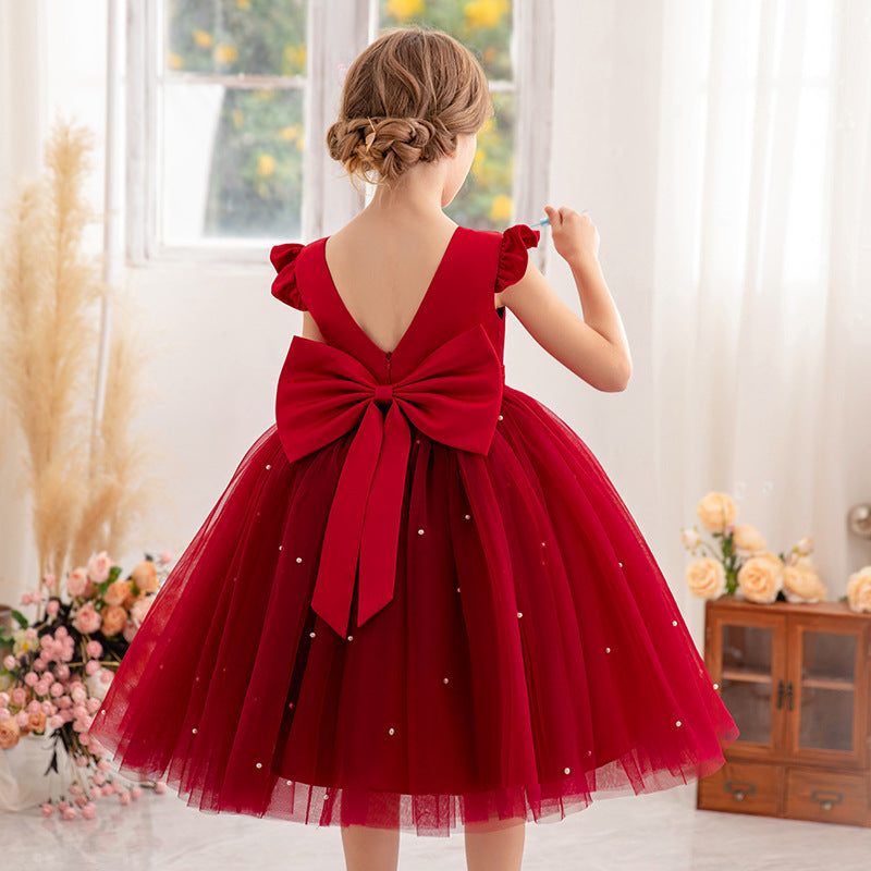 AERBA DRESS Wedding Flower Girl Dress Elegant Short Toddler Birthday Tulle Sleeveless Bow Pearls Princess Wedding Party Gown for Kids Baby