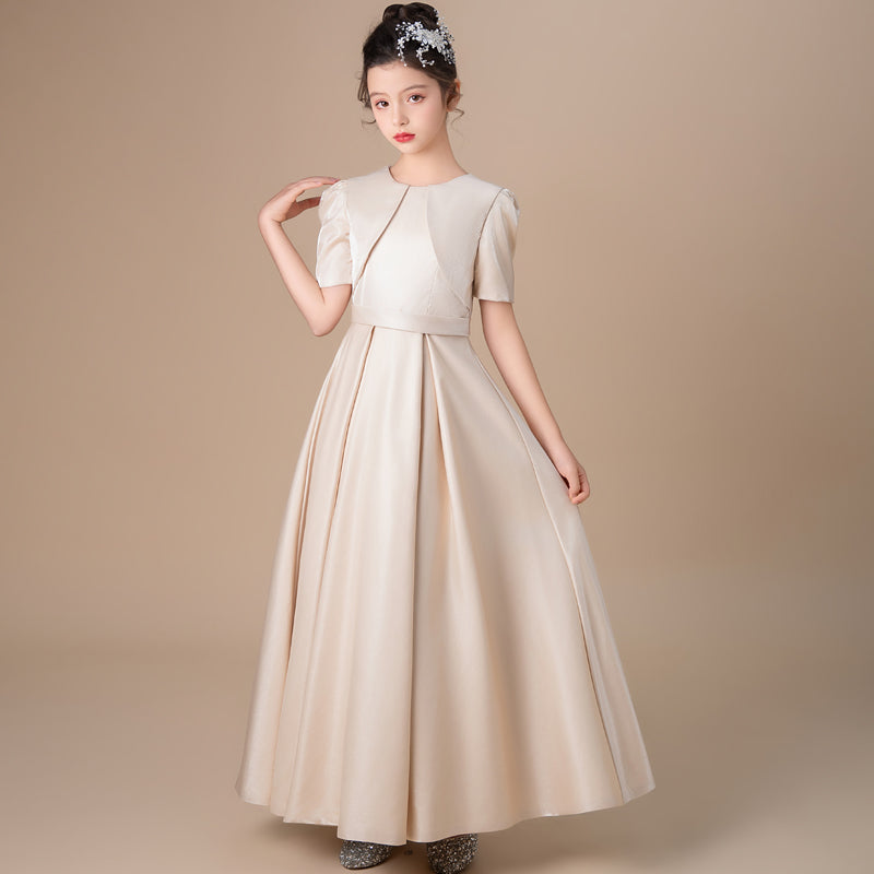 Girls' Formal Dress Dignified A Line Round Neck Short Sleeve Pleated Girls Satin Children's Elegant Communion Birthday Long Hot Sale Junior Bridesmaid Dress