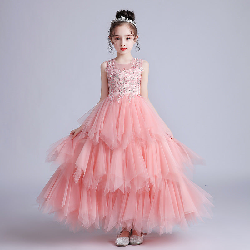 Wedding Flower Girl Dress Girl's Birthday High-End Tiers Bow Sleeveless Evening Dress Puffy Wedding Dress Princess Dress