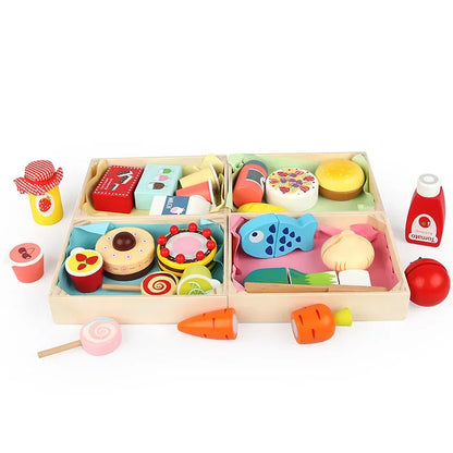 Aerba Children's Toys Wooden Simulation Kitchen Toy Montessori Pretend Play House Series Cut Fruit Desserts Children Cut Vegetables Educational Toys