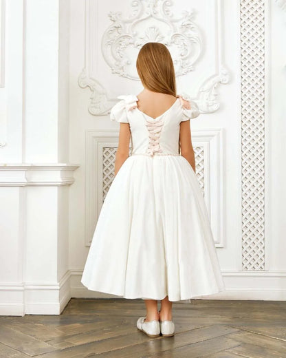 AERBA DRESS Wedding Flower Girl Dress Satin Short Sleeve with Pearls Long Kid First Communion Pageant Birthday Ball Gown