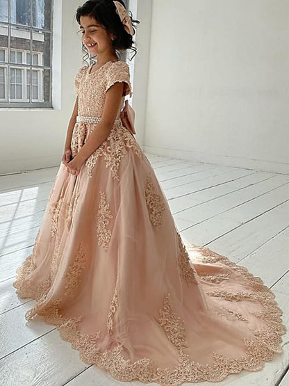 AERBA DRESS Wedding Flower Girl Dress Elegant Princess Beaded Appliques Pageant Dress Kids Long Train Party Evening Gowns