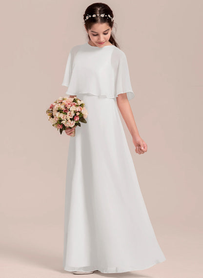 Elegant A-line Scoop Floor-Length Formal Girl's Dress Flowy Simple Junior Bridesmaid Dress