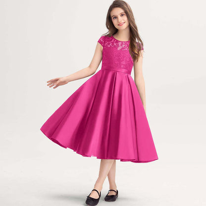 Girls' Formal Dress Dignified A-line Scoop Lace Satin Wedding Girl Guest Dress Hot Sale Junior Bridesmaid Dress