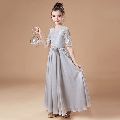 Girls' Formal Dress A-line Short Sleeve Chiffon Lace Floor Length Bridesmaid Dress Wedding Party Hot Sale Junior Bridesmaid Dress