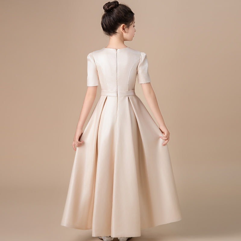 Girls' Formal Dress Dignified A Line Round Neck Short Sleeve Pleated Girls Satin Children's Elegant Communion Birthday Long Hot Sale Junior Bridesmaid Dress