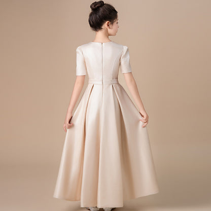 Girls' Formal Dress Dignified A Line Round Neck Short Sleeve Pleated Girls Satin Children's Elegant Communion Birthday Long Hot Sale Junior Bridesmaid Dress