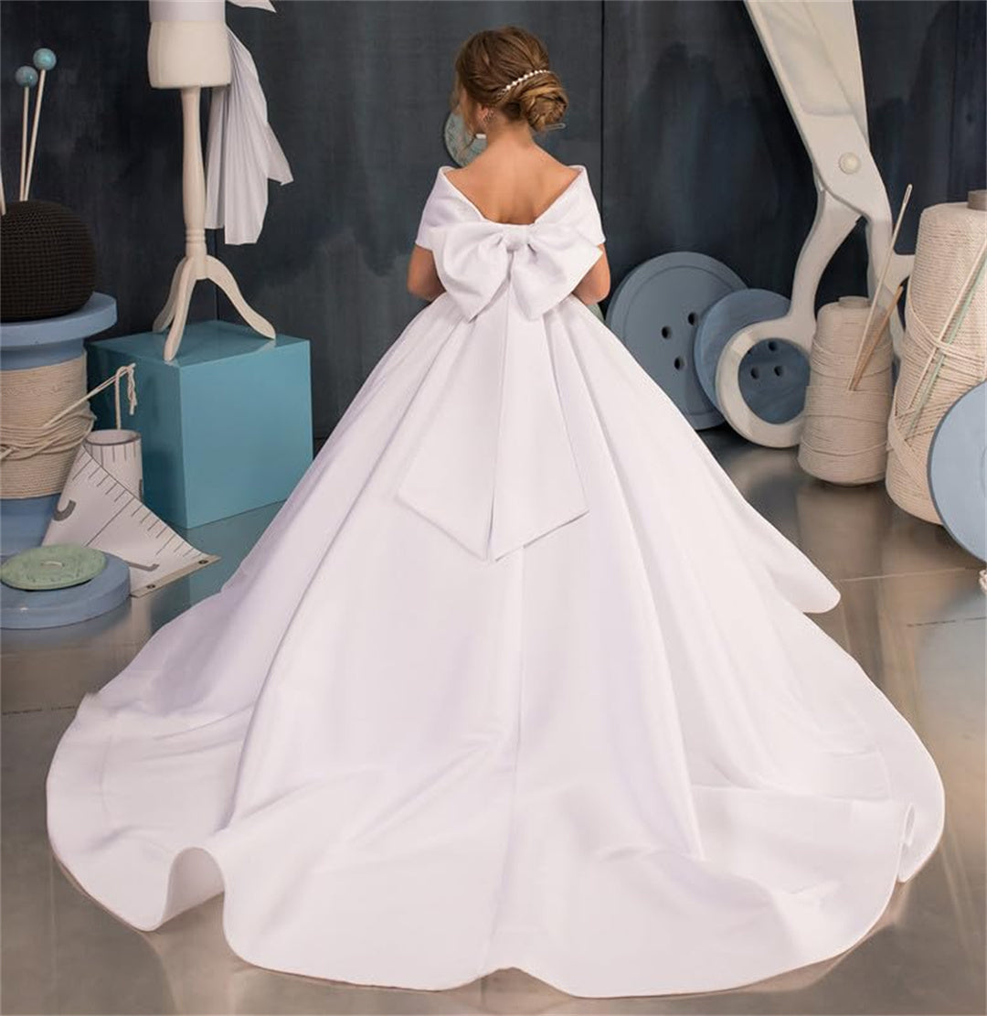 AERBA DRESS Wedding Flower Girl Dress Elegant Satin Off The Shoulder First Communion Dress Bow Knot Party Ball Gowns for Girls