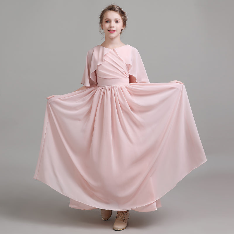 Girls' Formal Dress Elegant A Line Flowy Sleeves Girls Pleated Backless Floor Length Chiffon Birthday Dress Hot Sale Junior Bridesmaid Dress