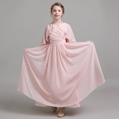 Girls' Formal Dress Elegant A Line Flowy Sleeves Girls Pleated Backless Floor Length Chiffon Birthday Dress Hot Sale Junior Bridesmaid Dress