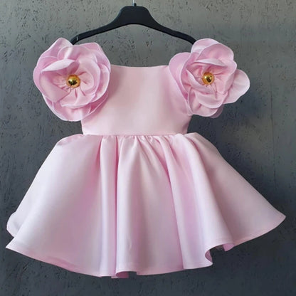 Wedding Flower Girl Dress Baby Girls Satin Flower Off-Shoulder Dress Infant Baptism Evening Wedding Birthday Prom Party Fluffy Gown Kids Princess Dress