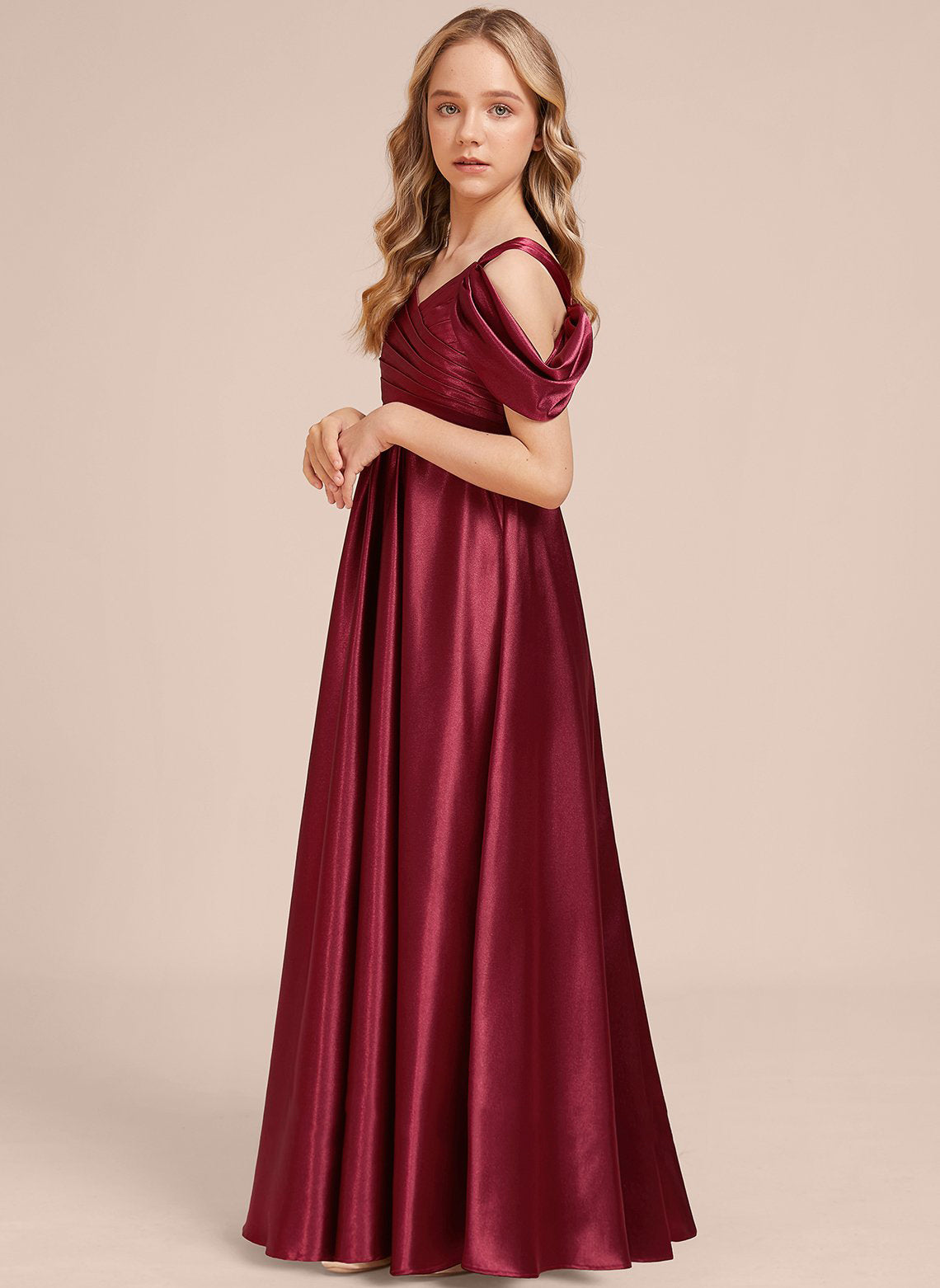 Dignified A-line V Neck Cold Shoulder Pleated Floor-Length Exquisite Junior Bridesmaid Dress