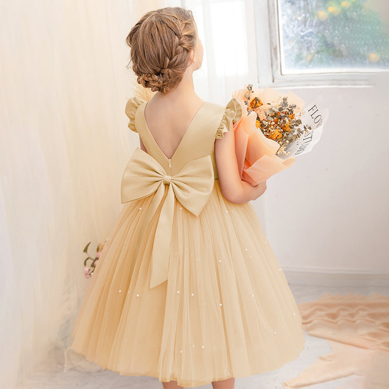 AERBA DRESS Wedding Flower Girl Dress Elegant Short Toddler Birthday Tulle Sleeveless Bow Pearls Princess Wedding Party Gown for Kids Baby