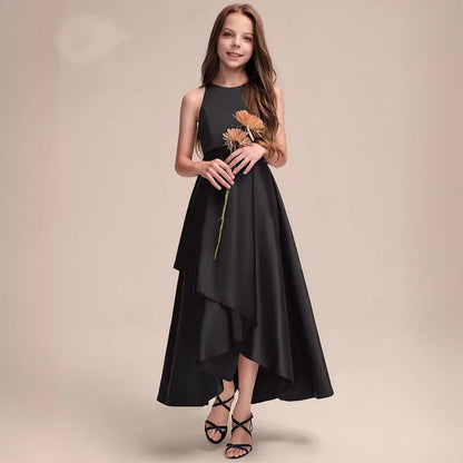 Girls' Formal Dress A Line Sleeveless Ruched Irregular Long Competition Fashion Performance Dress Hot Sale Junior Bridesmaid Dress
