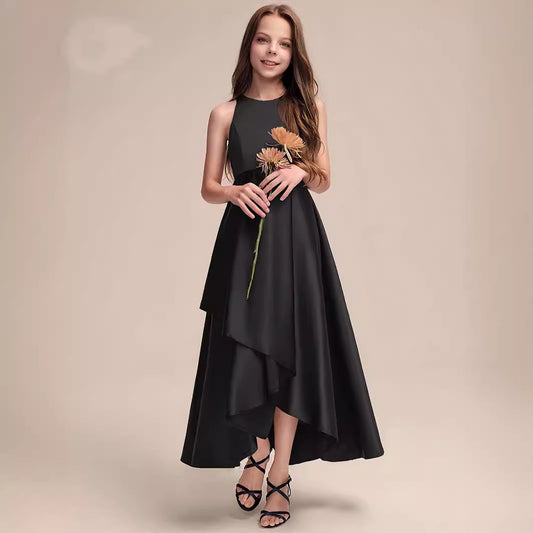 Girls' Formal Dress A Line Sleeveless Ruched Irregular Long Competition Fashion Performance Dress Hot Sale Junior Bridesmaid Dress