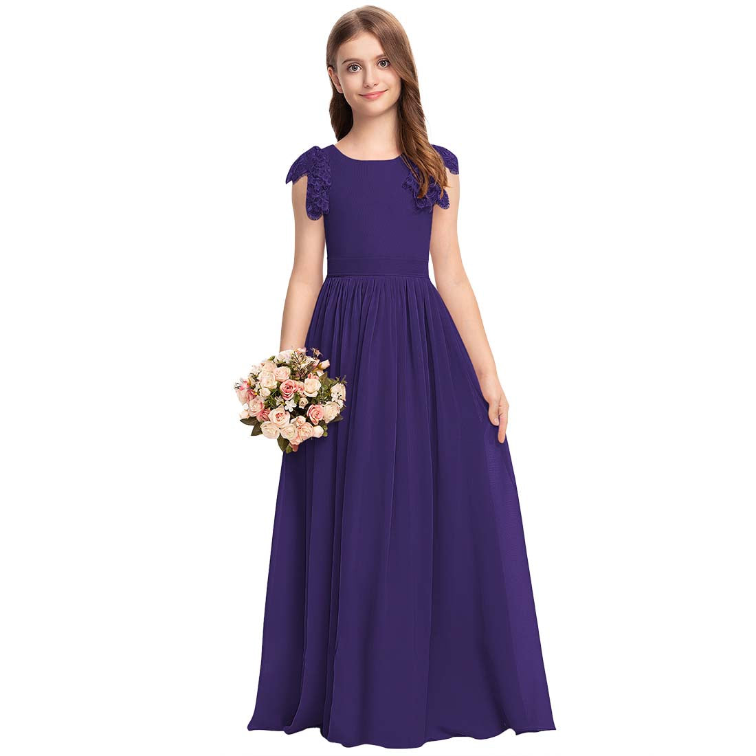 Girls' Formal Dress Fashion A Line Round Neck Wedding Girl Dresses Chiffon Lace With Bow Hot Sale Junior Bridesmaid Dress