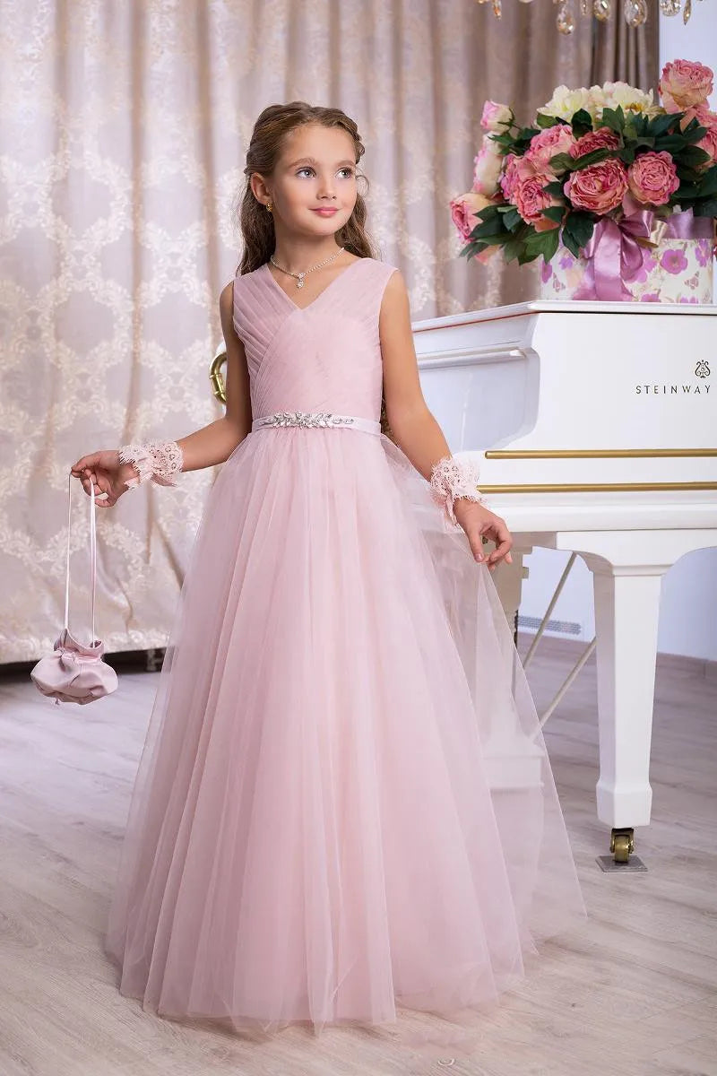 Girls' Formal Dress Fantastic A Line V Neck Sleeveless Pleated Beadwork Cute Long Hot Sale Junior Bridesmaid Dress