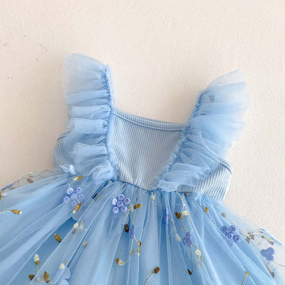 AERBA DRESS Wedding Flower Girl Dress Summer Girls Mesh Floral Sleeveless Girls Fashion Dress