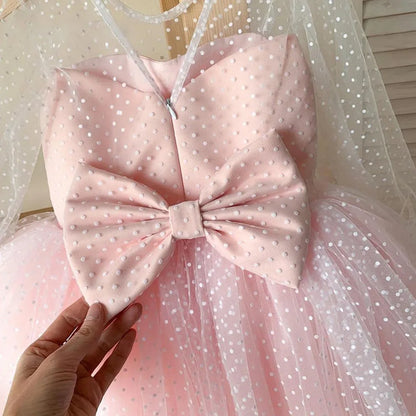 AERBA DRESS Wedding Flower Girl Dress Children's Polka Dot Lace Long Sleeved Performance Birthday Fluffy Short Skirt Princess Dress